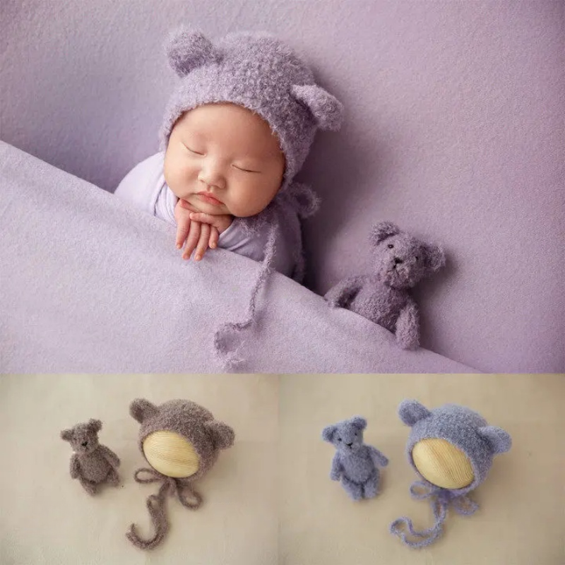 Handmade Knitted Bear Doll & Hat Set - Newborn Props